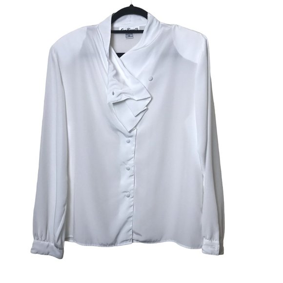 Eva Laurel Tops Eva Laurel New York Vintage White Long Band Sleeve Collared Button Front